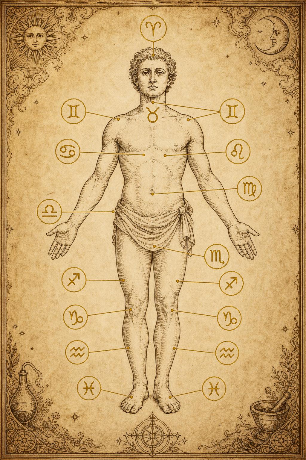 Homo Signorum — the Zodiac Man, mapping the twelve signs to the regions of the body